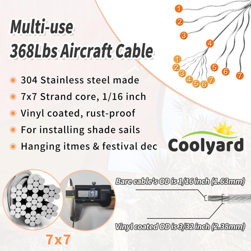 COOLYARD Shade Sail Hardware Kit with Cable Wire Rope,48 Ft (12Ftx4) Vinyl Coated Aircraft Cable,6 Inch Hanging Kit for Outdoor Curtain String Light Sun Shade Sails Installation - Image 3